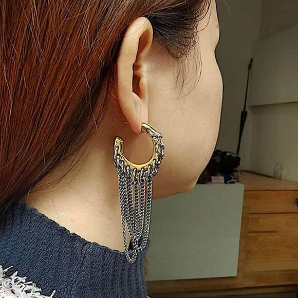 Two Tone Chain Hoop Link Earrings Gold and Silver Punk Retro Y2K - Picture 2 of 7